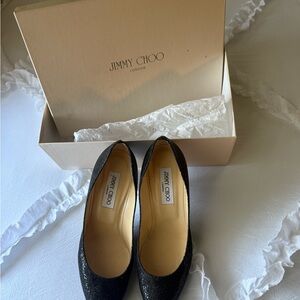 Jimmy  Choo black satin heels 4”